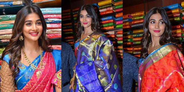 Pooja Hegde Traditional Saree Photos at Anutex Shopping Mall Launch