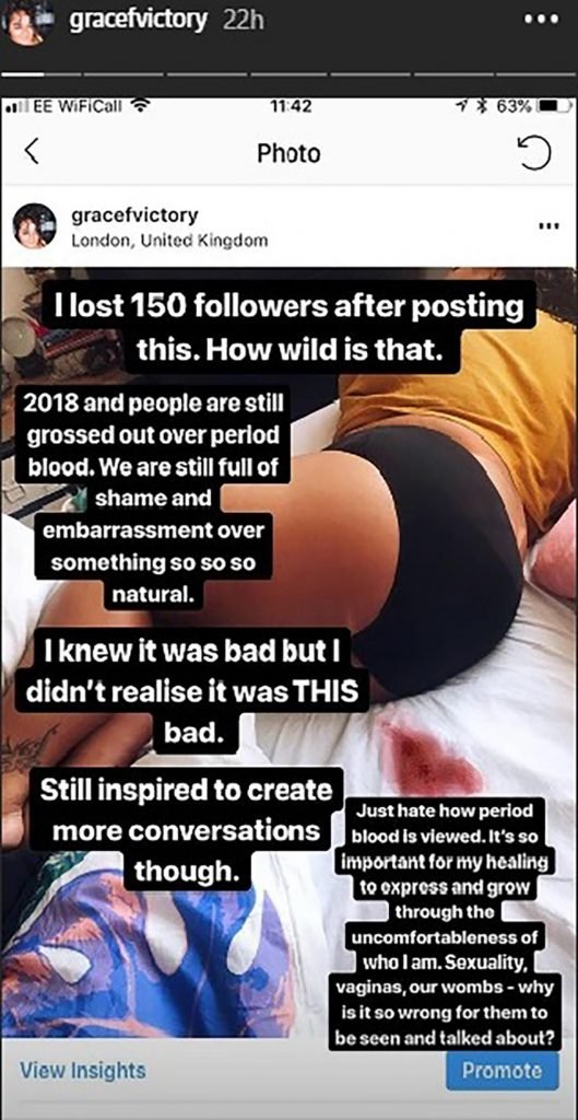 Grace Victory Shared Period Blood Stain Picture on Instagram Grace Victory Shared Period Blood Stain Picture on Instagram
